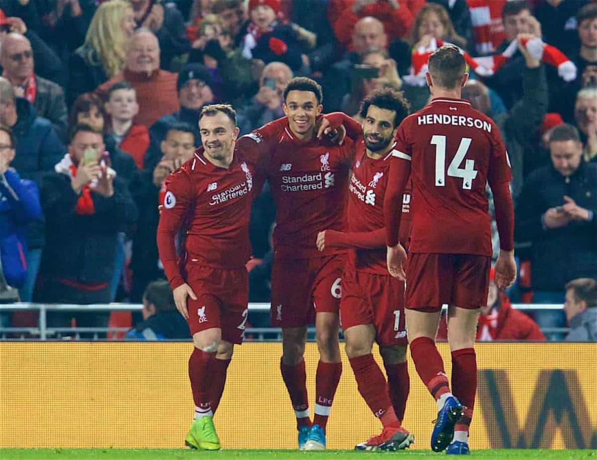 LIVERPOOL, ENGLAND - Boxing Day, Wednesday, December 26, 2018: Liverpool's Xherdan Shaqiri (L) celebrates scoring the third goal with team-mates Trent Alexander-Arnold (C) and Mohamed Salah (R) during the FA Premier League match between Liverpool FC and Newcastle United FC at Anfield. (Pic by David Rawcliffe/Propaganda)