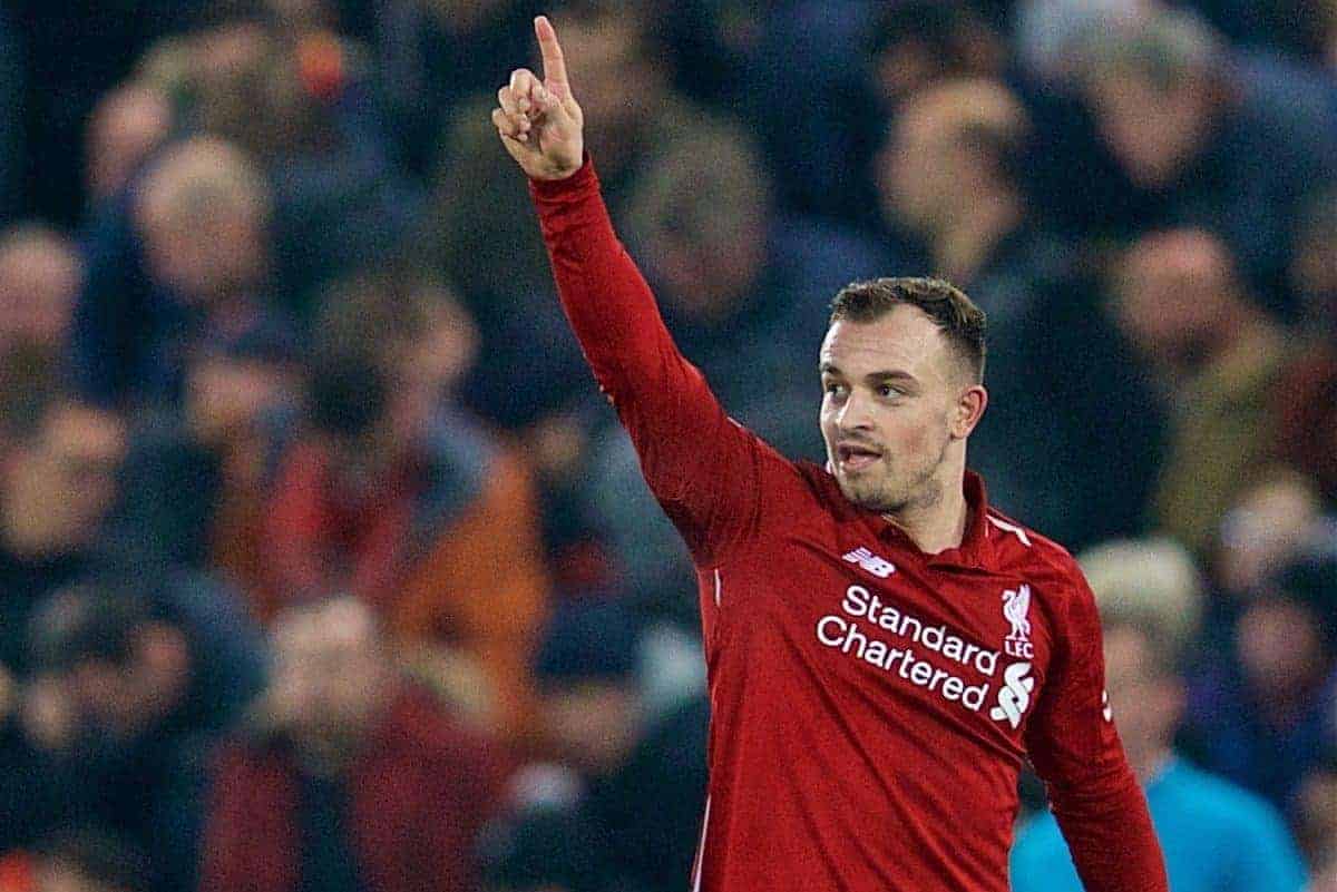 LIVERPOOL, ENGLAND - Boxing Day, Wednesday, December 26, 2018: Liverpool's Xherdan Shaqiri celebrates scoring the third goal during the FA Premier League match between Liverpool FC and Newcastle United FC at Anfield. (Pic by David Rawcliffe/Propaganda)