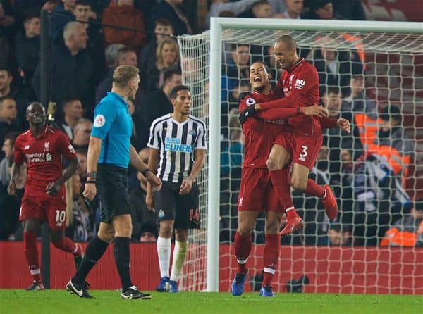 LIVERPOOL, ENGLAND - Boxing Day, Wednesday, December 26, 2018: Liverpool's Fabio Henrique Tavares 'Fabinho' celebrates scoring the fourth goal with team-mate Virgil van Dijk (L) during the FA Premier League match between Liverpool FC and Newcastle United FC at Anfield. (Pic by David Rawcliffe/Propaganda)