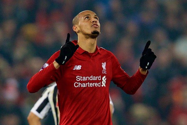 LIVERPOOL, ENGLAND - Boxing Day, Wednesday, December 26, 2018: Liverpool's Fabio Henrique Tavares 'Fabinho' celebrates scoring the fourth goal during the FA Premier League match between Liverpool FC and Newcastle United FC at Anfield. (Pic by David Rawcliffe/Propaganda)