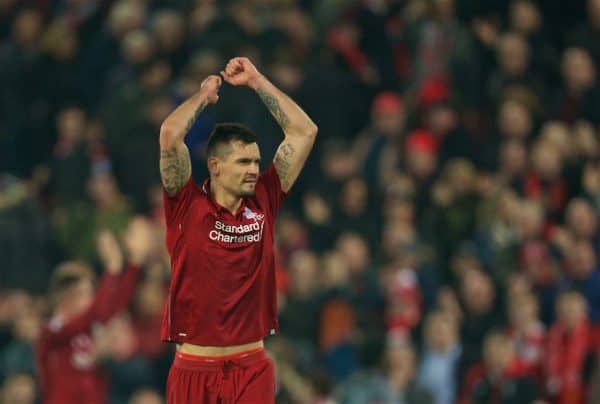 LIVERPOOL, ENGLAND - Boxing Day, Wednesday, December 26, 2018: Liverpool's goal-scorer Dejan Lovren celebrates after beating Newcastle United 4-0 during the FA Premier League match between Liverpool FC and Newcastle United FC at Anfield. (Pic by David Rawcliffe/Propaganda)