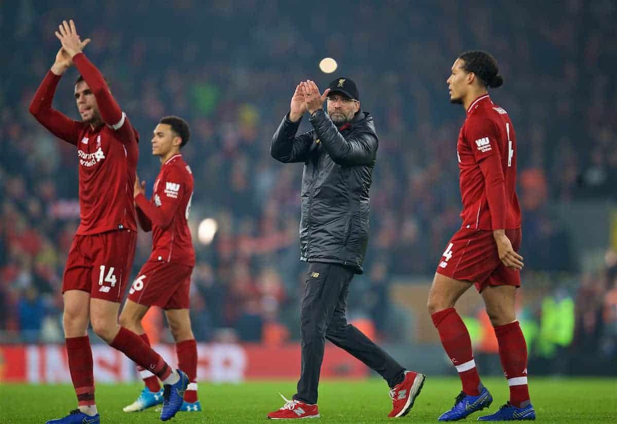 LIVERPOOL, ENGLAND - Boxing Day, Wednesday, December 26, 2018: Liverpool's manager Jürgen Klopp celebrates after beating Newcastle United 4-0 during the FA Premier League match between Liverpool FC and Newcastle United FC at Anfield. (Pic by David Rawcliffe/Propaganda)