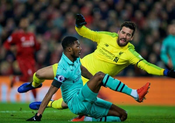 LIVERPOOL, ENGLAND - Saturday, December 29, 2018: Arsenal's Arsenal's Ainsley Maitland-Niles scores the first goal during the FA Premier League match between Liverpool FC and Arsenal FC at Anfield. (Pic by David Rawcliffe/Propaganda)