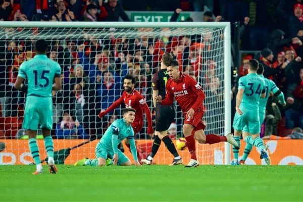 LIVERPOOL, ENGLAND - Saturday, December 29, 2018: Liverpool's Roberto Firmino celebrates scoring the second goal during the FA Premier League match between Liverpool FC and Arsenal FC at Anfield. (Pic by David Rawcliffe/Propaganda)