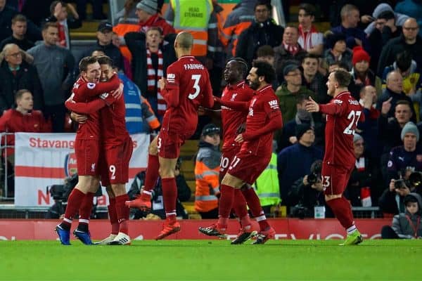 LIVERPOOL, ENGLAND - Saturday, December 29, 2018: Liverpool's Roberto Firmino celebrates scoring the second goal with team-mates during the FA Premier League match between Liverpool FC and Arsenal FC at Anfield. (Pic by David Rawcliffe/Propaganda)