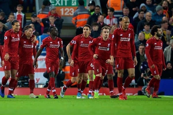 LIVERPOOL, ENGLAND - Saturday, December 29, 2018: Liverpool's Roberto Firmino celebrates scoring the second goal with team-mates during the FA Premier League match between Liverpool FC and Arsenal FC at Anfield. (Pic by David Rawcliffe/Propaganda)