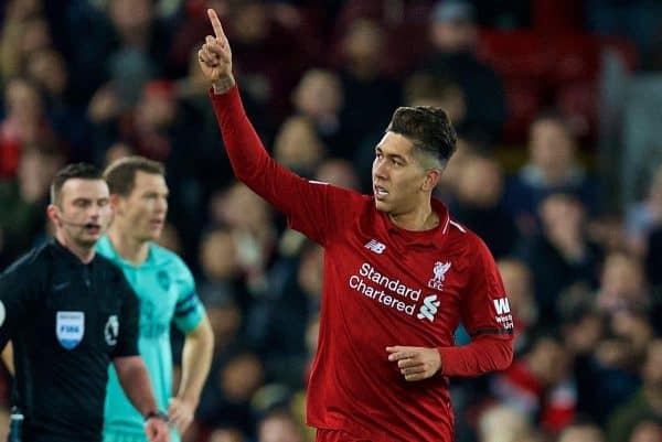 LIVERPOOL, ENGLAND - Saturday, December 29, 2018: Liverpool's Roberto Firmino celebrates scoring the second goal during the FA Premier League match between Liverpool FC and Arsenal FC at Anfield. (Pic by David Rawcliffe/Propaganda)