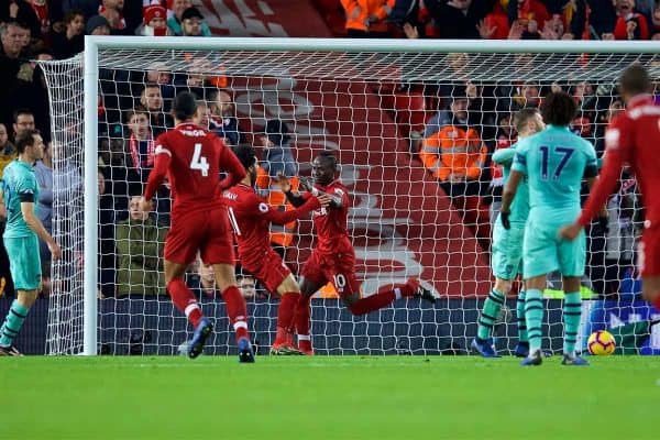 LIVERPOOL, ENGLAND - Saturday, December 29, 2018: Liverpool's Sadio Mane celebrates scoring the third goal during the FA Premier League match between Liverpool FC and Arsenal FC at Anfield. (Pic by David Rawcliffe/Propaganda)