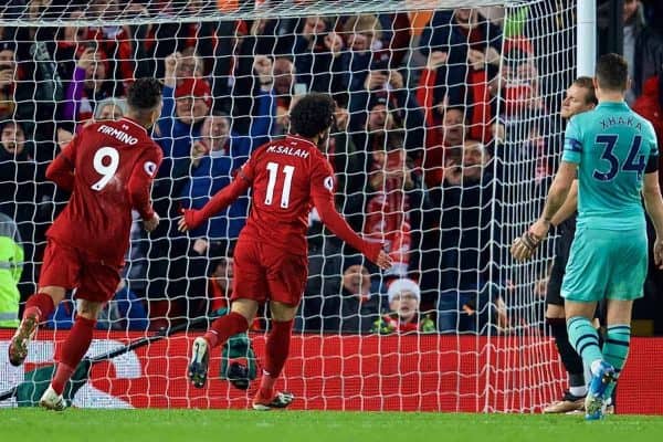 LIVERPOOL, ENGLAND - Saturday, December 29, 2018: Liverpool's Mohamed Salah celebrates scoring the fourth goal during the FA Premier League match between Liverpool FC and Arsenal FC at Anfield. (Pic by David Rawcliffe/Propaganda)