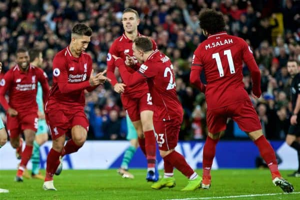 LIVERPOOL, ENGLAND - Saturday, December 29, 2018: Liverpool's Roberto Firmino scores the fifth goal with team-mates during the FA Premier League match between Liverpool FC and Arsenal FC at Anfield. (Pic by David Rawcliffe/Propaganda)