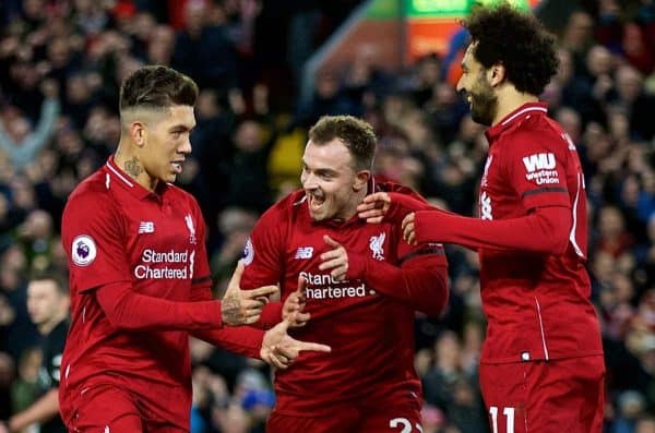 LIVERPOOL, ENGLAND - Saturday, December 29, 2018: Liverpool's Roberto Firmino scores the fifth goal with team-mates during the FA Premier League match between Liverpool FC and Arsenal FC at Anfield. (Pic by David Rawcliffe/Propaganda)