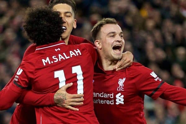 LIVERPOOL, ENGLAND - Saturday, December 29, 2018: Liverpool's Roberto Firmino scores the fifth goal with team-mates during the FA Premier League match between Liverpool FC and Arsenal FC at Anfield. (Pic by David Rawcliffe/Propaganda)