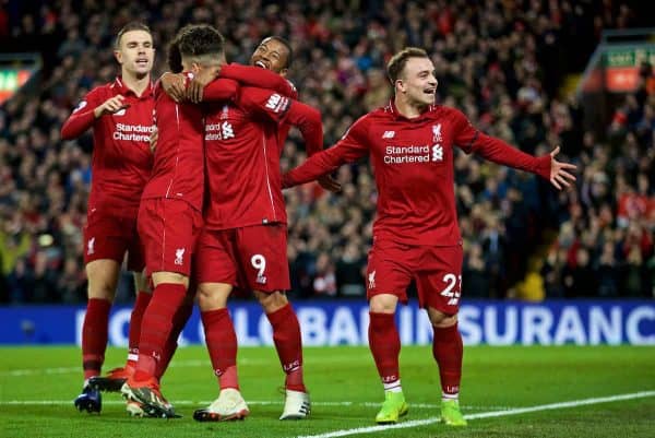 LIVERPOOL, ENGLAND - Saturday, December 29, 2018: Liverpool's Roberto Firmino scores the fifth goal with team-mates during the FA Premier League match between Liverpool FC and Arsenal FC at Anfield. (Pic by David Rawcliffe/Propaganda)