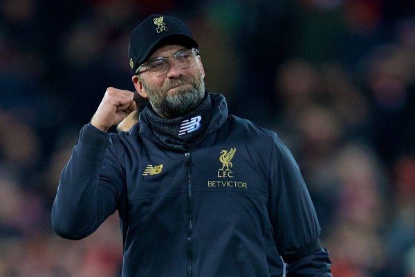 LIVERPOOL, ENGLAND - Saturday, December 29, 2018: Liverpool's manager J¸rgen Klopp celebrates after the 5-1 victory during the FA Premier League match between Liverpool FC and Arsenal FC at Anfield. (Pic by David Rawcliffe/Propaganda)