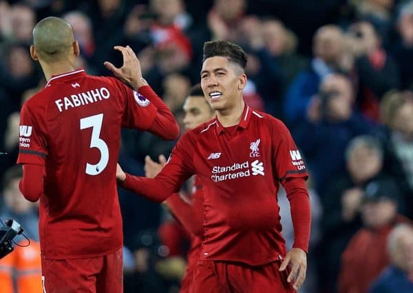 LIVERPOOL, ENGLAND - Saturday, December 29, 2018: Liverpool's hat-trick hero Roberto Firmino celebrates after the 5-1 victory during the FA Premier League match between Liverpool FC and Arsenal FC at Anfield. (Pic by David Rawcliffe/Propaganda)