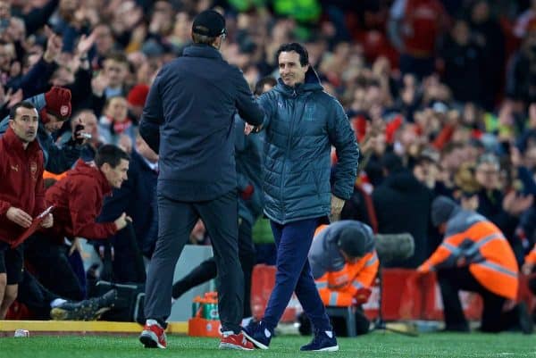 LIVERPOOL, ENGLAND - Saturday, December 29, 2018: Arsenal's manager Unai Emery shakes hands with Liverpool's manager Jürgen Klopp during the FA Premier League match between Liverpool FC and Arsenal FC at Anfield. Liverpool won 5-1. (Pic by David Rawcliffe/Propaganda)