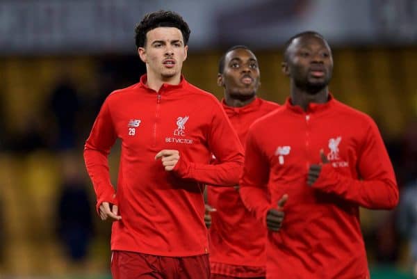 WOLVERHAMPTON, ENGLAND - Monday, January 7, 2019: Liverpool's Curtis Jones (L), Rafael Camacho (C) and Fabio Henrique Tavares 'Fabinho' (L) during the pre-match warm-up before the FA Cup 3rd Round match between Wolverhampton Wanderers FC and Liverpool FC at Molineux Stadium. (Pic by David Rawcliffe/Propaganda)