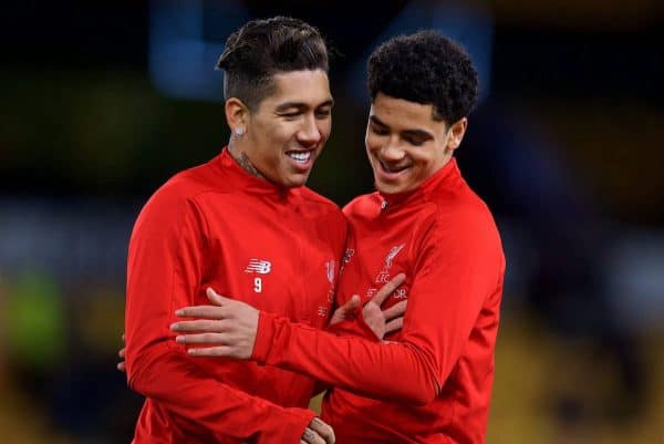 WOLVERHAMPTON, ENGLAND - Monday, January 7, 2019: Liverpool's substitutes Roberto Firmino (L) and Ki-Jana Hoever during the pre-match warm-up before the FA Cup 3rd Round match between Wolverhampton Wanderers FC and Liverpool FC at Molineux Stadium. (Pic by David Rawcliffe/Propaganda)