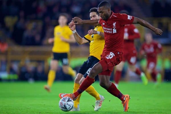 WOLVERHAMPTON, ENGLAND - Monday, January 7, 2019: Liverpool's Daniel Sturridge during the FA Cup 3rd Round match between Wolverhampton Wanderers FC and Liverpool FC at Molineux Stadium. (Pic by David Rawcliffe/Propaganda)