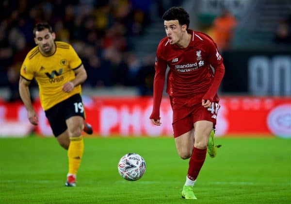 WOLVERHAMPTON, ENGLAND - Monday, January 7, 2019: Liverpool's Curtis Jones during the FA Cup 3rd Round match between Wolverhampton Wanderers FC and Liverpool FC at Molineux Stadium. (Pic by David Rawcliffe/Propaganda)