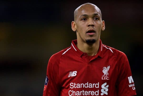 WOLVERHAMPTON, ENGLAND - Monday, January 7, 2019: Liverpool's Fabio Henrique Tavares 'Fabinho' during the FA Cup 3rd Round match between Wolverhampton Wanderers FC and Liverpool FC at Molineux Stadium. (Pic by David Rawcliffe/Propaganda)