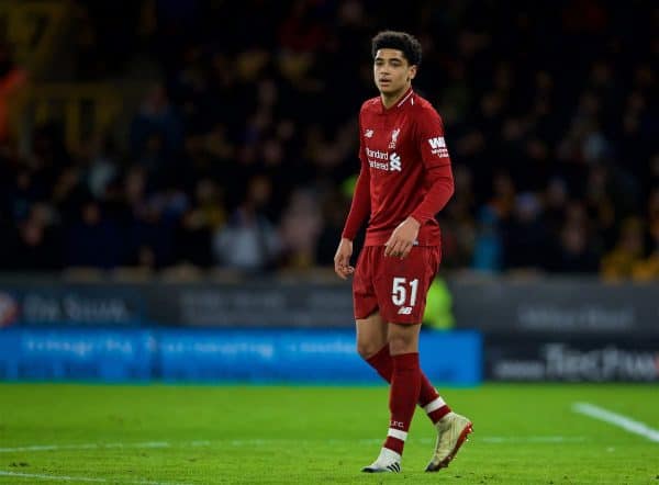 WOLVERHAMPTON, ENGLAND - Monday, January 7, 2019: Liverpool's Ki-Jana Hoever during the FA Cup 3rd Round match between Wolverhampton Wanderers FC and Liverpool FC at Molineux Stadium. (Pic by David Rawcliffe/Propaganda)