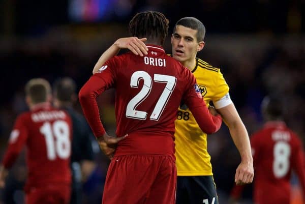 WOLVERHAMPTON, ENGLAND - Monday, January 7, 2019: Liverpool's Divock Origi (L) embraces Wolverhampton Wanderers' captain Conor Coady after the FA Cup 3rd Round match between Wolverhampton Wanderers FC and Liverpool FC at Molineux Stadium. Wolverhampton Wanderers won 2-1. (Pic by David Rawcliffe/Propaganda)