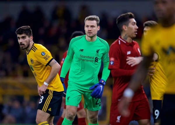 WOLVERHAMPTON, ENGLAND - Monday, January 7, 2019: Liverpool's goalkeeper Simon Mignolet during the FA Cup 3rd Round match between Wolverhampton Wanderers FC and Liverpool FC at Molineux Stadium. (Pic by David Rawcliffe/Propaganda)