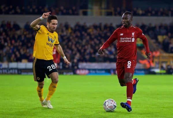 WOLVERHAMPTON, ENGLAND - Monday, January 7, 2019: Wolverhampton Wanderers' João Moutinho (L) and Liverpool's Naby Keita (R) during the FA Cup 3rd Round match between Wolverhampton Wanderers FC and Liverpool FC at Molineux Stadium. (Pic by David Rawcliffe/Propaganda)