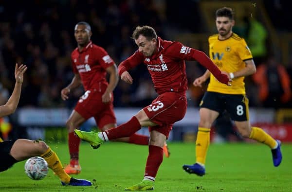 WOLVERHAMPTON, ENGLAND - Monday, January 7, 2019: Liverpool's Sheridan Shaqiri shoots during the FA Cup 3rd Round match between Wolverhampton Wanderers FC and Liverpool FC at Molineux Stadium. (Pic by David Rawcliffe/Propaganda)