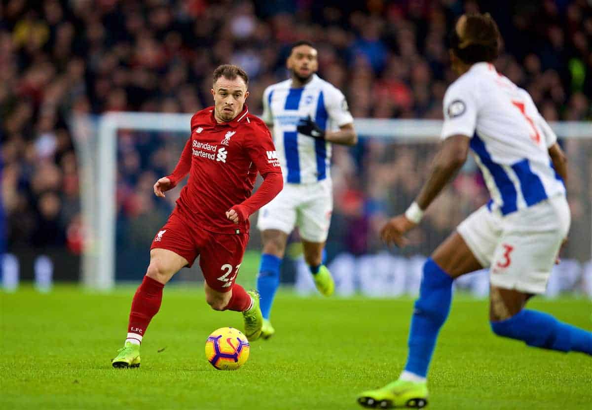 BRIGHTON AND HOVE, ENGLAND - Saturday, January 12, 2019: Liverpool's Sheridan Shaqiri during the FA Premier League match between Brighton & Hove Albion FC and Liverpool FC at the American Express Community Stadium. (Pic by David Rawcliffe/Propaganda)