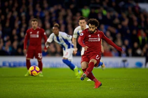 BRIGHTON AND HOVE, ENGLAND - Saturday, January 12, 2019: Liverpool's Mohamed Salah scores the first goal from a penalty kick during the FA Premier League match between Brighton & Hove Albion FC and Liverpool FC at the American Express Community Stadium. (Pic by David Rawcliffe/Propaganda)