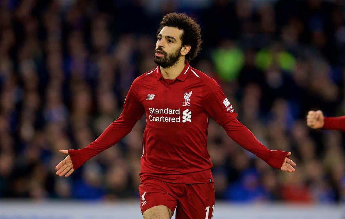 BRIGHTON AND HOVE, ENGLAND - Saturday, January 12, 2019: Liverpool's Mohamed Salah celebrates scoring the first goal from the penalty kick during the FA Premier League match between Brighton & Hove Albion FC and Liverpool FC at the American Express Community Stadium. (Pic by David Rawcliffe/Propaganda)
