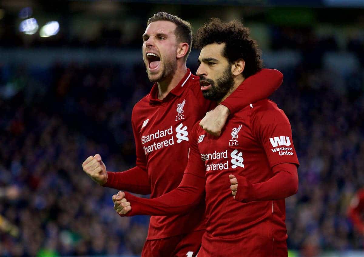 BRIGHTON AND HOVE, ENGLAND - Saturday, January 12, 2019: Liverpool's Mohamed Salah (R) celebrates scoring the first goal with team-mate captain Jordan Henderson (L) during the FA Premier League match between Brighton & Hove Albion FC and Liverpool FC at the American Express Community Stadium. (Pic by David Rawcliffe/Propaganda)
