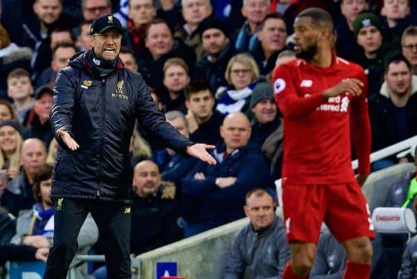 BRIGHTON AND HOVE, ENGLAND - Saturday, January 12, 2019: Liverpool's manager J¸rgen Klopp reacts during the FA Premier League match between Brighton & Hove Albion FC and Liverpool FC at the American Express Community Stadium. (Pic by David Rawcliffe/Propaganda)