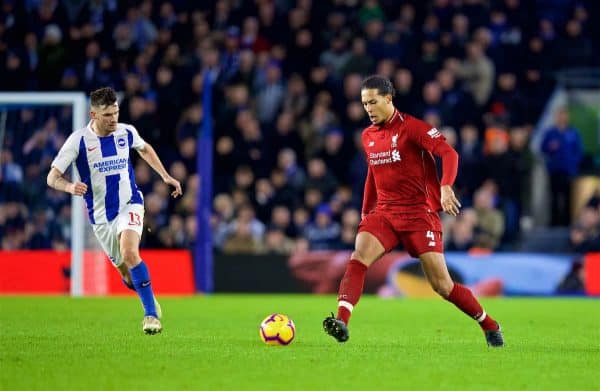 BRIGHTON AND HOVE, ENGLAND - Saturday, January 12, 2019: Brighton & Hove Albion's Pascal Gross (L) and Liverpool's Virgil van Dijk during the FA Premier League match between Brighton & Hove Albion FC and Liverpool FC at the American Express Community Stadium. (Pic by David Rawcliffe/Propaganda)