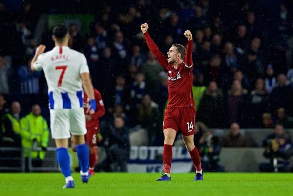 BRIGHTON AND HOVE, ENGLAND - Saturday, January 12, 2019: Liverpool's captain Jordan Henderson celebrates victory over Brighton & Hove Albion after the FA Premier League match between Brighton & Hove Albion FC and Liverpool FC at the American Express Community Stadium. Liverpool won 1-0. (Pic by David Rawcliffe/Propaganda)