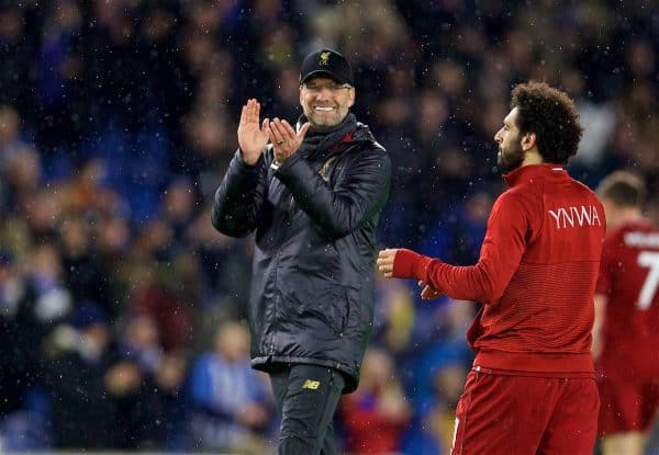 BRIGHTON AND HOVE, ENGLAND - Saturday, January 12, 2019: Liverpool's manager Jürgen Klopp applauses the supporters after the FA Premier League match between Brighton & Hove Albion FC and Liverpool FC at the American Express Community Stadium. Liverpool won 1-0. (Pic by David Rawcliffe/Propaganda)