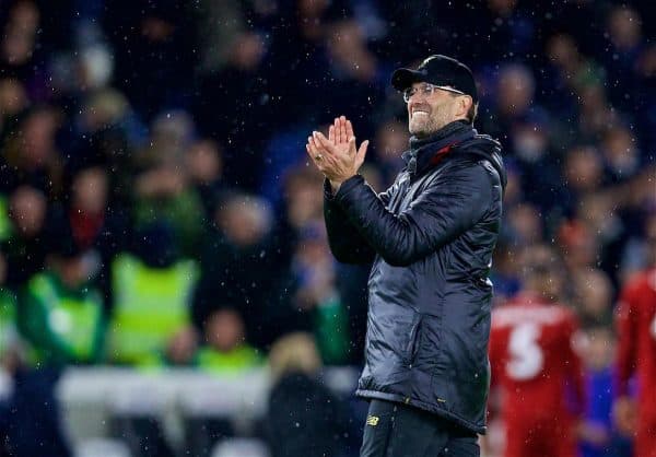 BRIGHTON AND HOVE, ENGLAND - Saturday, January 12, 2019: Liverpool's manager Jürgen Klopp applauses the supporters after the FA Premier League match between Brighton & Hove Albion FC and Liverpool FC at the American Express Community Stadium. Liverpool won 1-0. (Pic by David Rawcliffe/Propaganda)