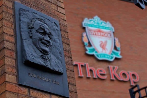 LIVERPOOL, ENGLAND - Saturday, January 19, 2019: An image of Bob Paisley on the Paisley gates outside Liverpool's Spion Kop stand paying tribute to the club's most successful manager ever, pictured on the anniversary of his 100th birthday, before the FA Premier League match between Liverpool FC and Crystal Palace FC at Anfield. (Pic by David Rawcliffe/Propaganda)