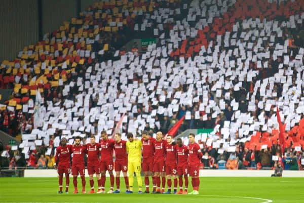 LIVERPOOL, ENGLAND - Saturday, January 19, 2019: Liverpool players stand for a minute to remember former player Peter Thompson before kick-off during the FA Premier League match between Liverpool FC and Crystal Palace FC at Anfield. (Pic by David Rawcliffe/Propaganda)