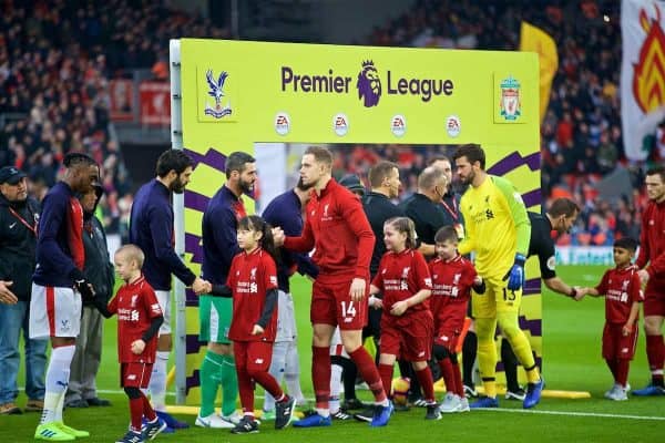 LIVERPOOL, ENGLAND - Saturday, January 19, 2019: Liverpool's captain Jordan Henderson shakes hands with Crystal Palace's goalkeeper Juli·n Speroni during the FA Premier League match between Liverpool FC and Crystal Palace FC at Anfield. (Pic by David Rawcliffe/Propaganda)