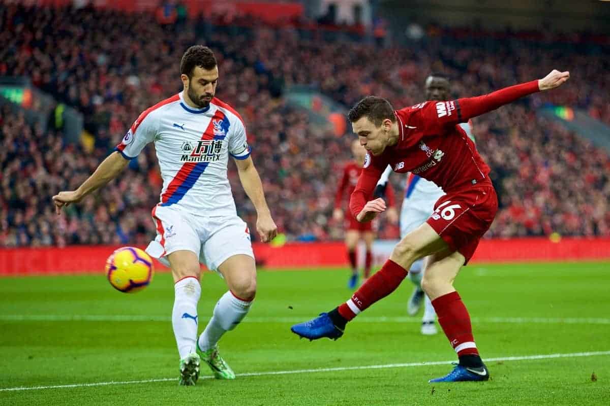 LIVERPOOL, ENGLAND - Saturday, January 19, 2019: Liverpool's Andy Robertson during the FA Premier League match between Liverpool FC and Crystal Palace FC at Anfield. (Pic by David Rawcliffe/Propaganda)