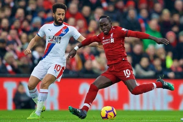 LIVERPOOL, ENGLAND - Saturday, January 19, 2019: Crystal Palace's Andros Townsend (L) and Liverpool's Said Mane (R) during the FA Premier League match between Liverpool FC and Crystal Palace FC at Anfield. (Pic by David Rawcliffe/Propaganda)