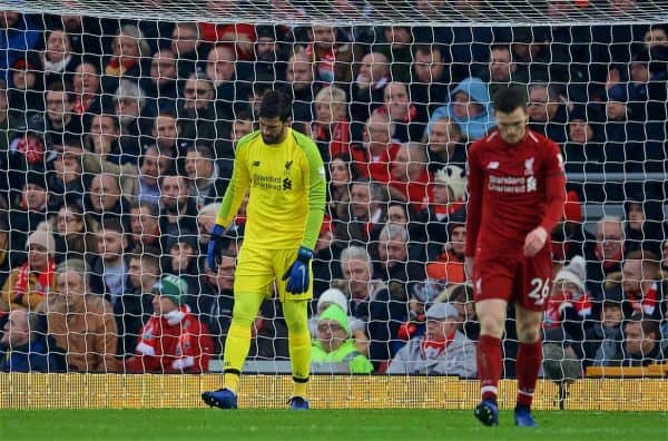 LIVERPOOL, ENGLAND - Saturday, January 19, 2019: Liverpool's goalkeeper Alisson Becker looks dejected as Crystal Palace score the opening goal during the FA Premier League match between Liverpool FC and Crystal Palace FC at Anfield. (Pic by David Rawcliffe/Propaganda)