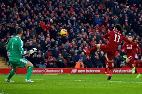 LIVERPOOL, ENGLAND - Saturday, January 19, 2019: Liverpool's Mohamed Salah scores the first equalising goal during the FA Premier League match between Liverpool FC and Crystal Palace FC at Anfield. (Pic by David Rawcliffe/Propaganda)