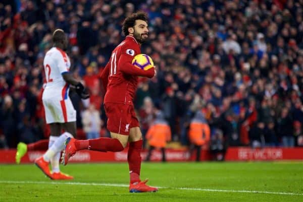 LIVERPOOL, ENGLAND - Saturday, January 19, 2019: Liverpool's Mohamed Salah celebrates scoring the first goal during the FA Premier League match between Liverpool FC and Crystal Palace FC at Anfield. (Pic by David Rawcliffe/Propaganda)