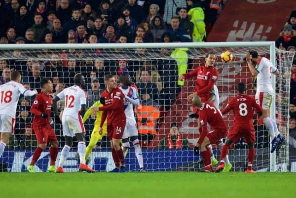 LIVERPOOL, ENGLAND - Saturday, January 19, 2019: Crystal Palace's James Tomkins scores the second goal with a header during the FA Premier League match between Liverpool FC and Crystal Palace FC at Anfield. (Pic by David Rawcliffe/Propaganda)