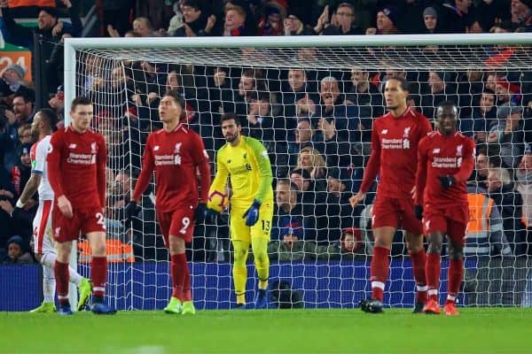 LIVERPOOL, ENGLAND - Saturday, January 19, 2019: Liverpool's goalkeeper Alisson Becker looks dejected as Crystal Palace scored the second goal during the FA Premier League match between Liverpool FC and Crystal Palace FC at Anfield. (Pic by David Rawcliffe/Propaganda)