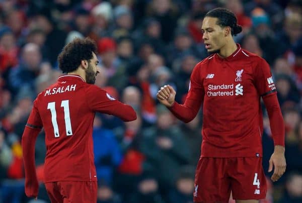 LIVERPOOL, ENGLAND - Saturday, January 19, 2019: Liverpool's Mohamed Salah (L) and Virgil van Dijk during the FA Premier League match between Liverpool FC and Crystal Palace FC at Anfield. (Pic by David Rawcliffe/Propaganda)